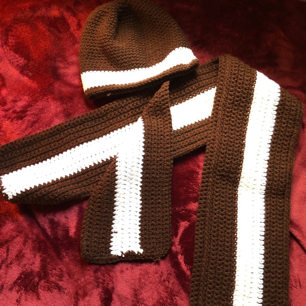 Custom hand made brown and white scarf and hat